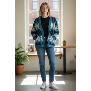 Berkley Jensen Argyle Cardigan Sweater, Size Small Blue Black Gray NEW no tags